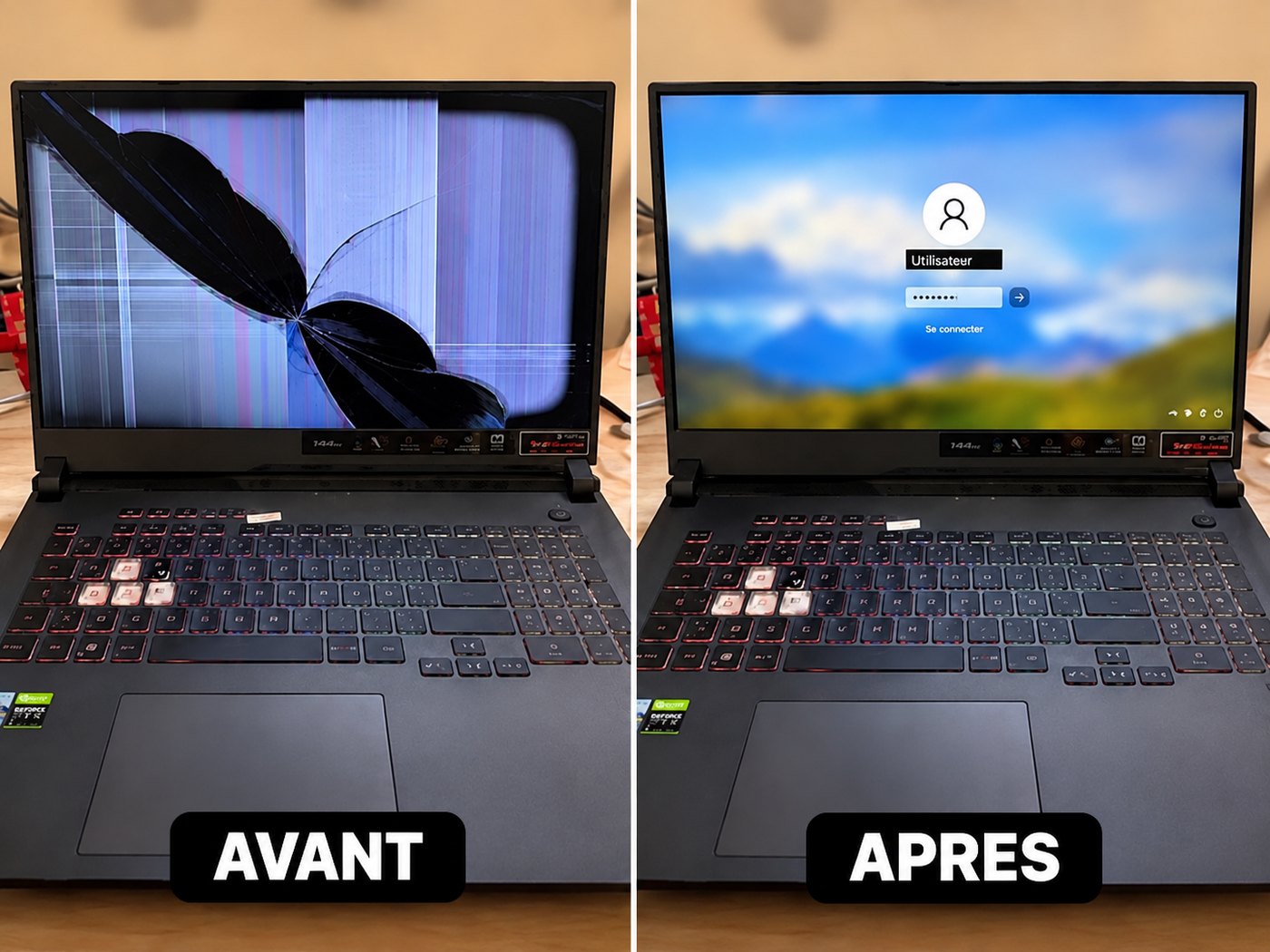 Avant / après du remplacement de la dalle d'un PC portable gamer Asus ROG 17 pouces à Lyon : écran brisé puis écran neuf affichant Windows